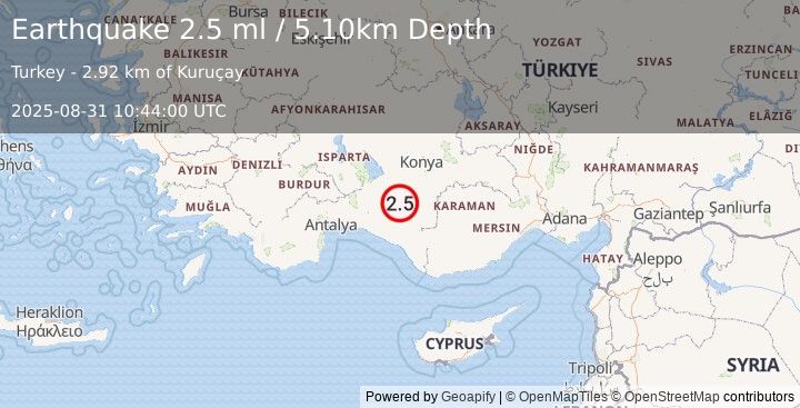 Earthquake CENTRAL TURKEY (2.5 ml) (2025-08-31 10:44:00 UTC)