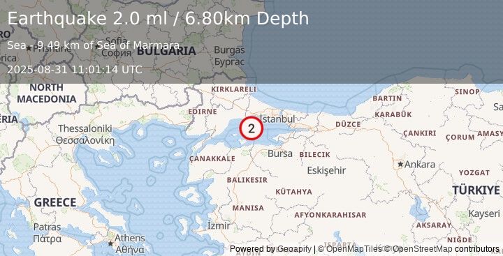 Earthquake WESTERN TURKEY (2.0 ml) (2025-08-31 11:01:14 UTC)