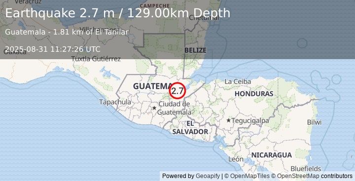 Earthquake OFFSHORE GUATEMALA (2.9 m) (2025-08-31 11:27:28 UTC)