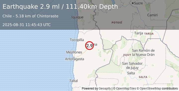 Earthquake ANTOFAGASTA, CHILE (2.9 ml) (2025-08-31 11:45:43 UTC)