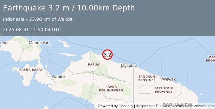 Earthquake NEAR N COAST OF PAPUA, INDONESIA (3.2 m) (2025-08-31 11:50:04 UTC)