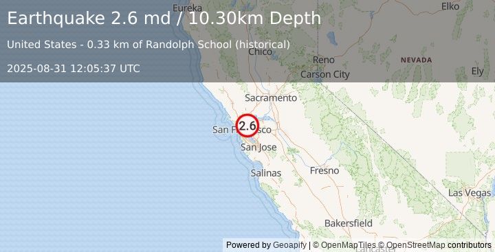 Earthquake SAN FRANCISCO BAY AREA, CALIF. (2.6 md) (2025-08-31 12:05:37 UTC)