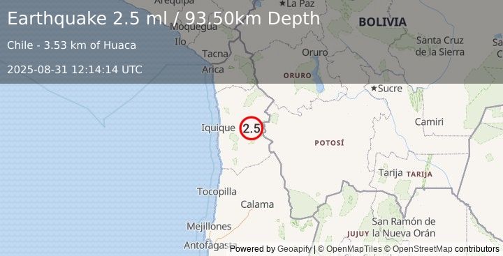 Earthquake TARAPACA, CHILE (2.5 ml) (2025-08-31 12:14:14 UTC)