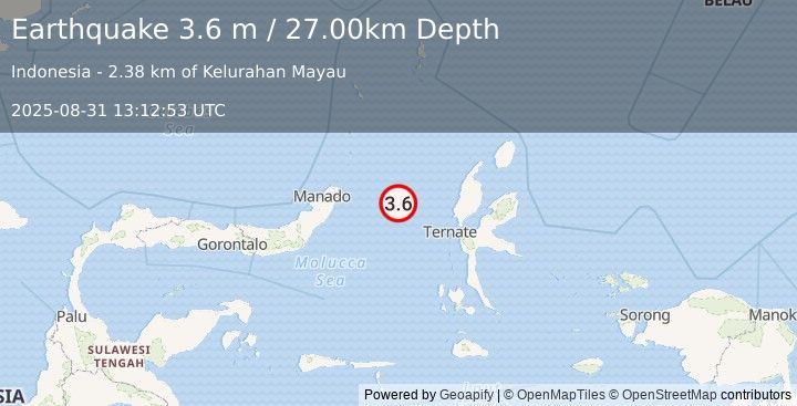 Earthquake MOLUCCA SEA (3.6 m) (2025-08-31 13:12:53 UTC)