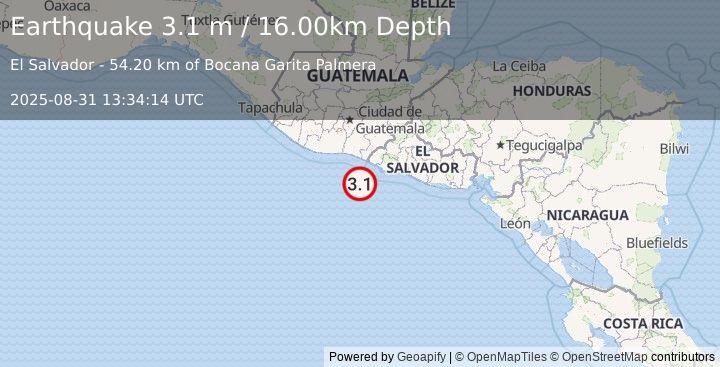 Earthquake OFFSHORE EL SALVADOR (3.2 m) (2025-08-31 13:34:13 UTC)