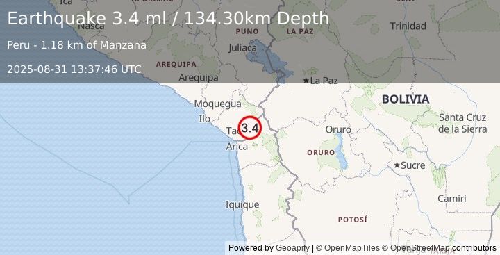 Earthquake SOUTHERN PERU (3.4 ml) (2025-08-31 13:37:46 UTC)