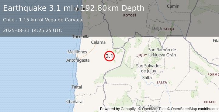 Earthquake ANTOFAGASTA, CHILE (3.1 ml) (2025-08-31 14:25:25 UTC)