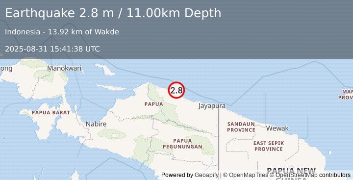Earthquake NEAR N COAST OF PAPUA, INDONESIA (2.8 m) (2025-08-31 15:41:38 UTC)