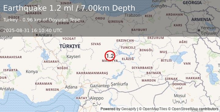 Earthquake EASTERN TURKEY (1.2 ml) (2025-08-31 16:10:40 UTC)