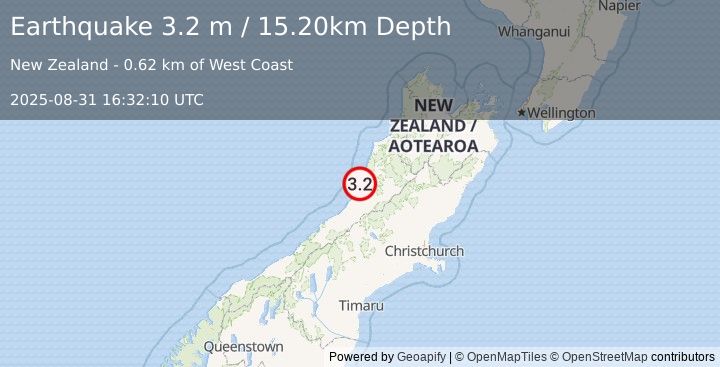 Earthquake SOUTH ISLAND OF NEW ZEALAND (3.2 m) (2025-08-31 16:32:10 UTC)