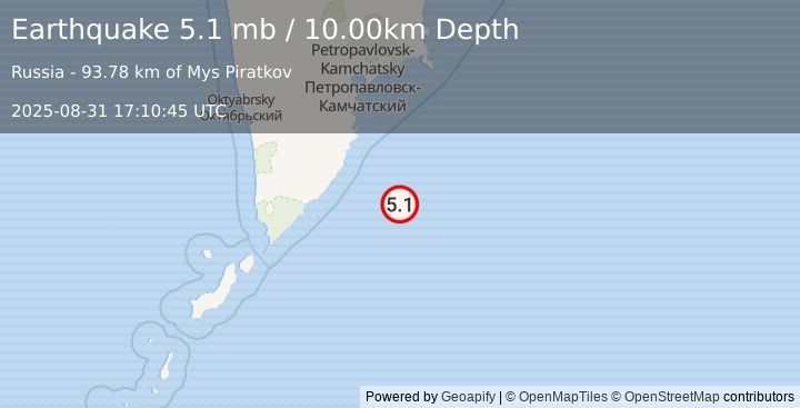 Earthquake OFF EAST COAST OF KAMCHATKA (5.1 mb) (2025-08-31 17:10:49 UTC)