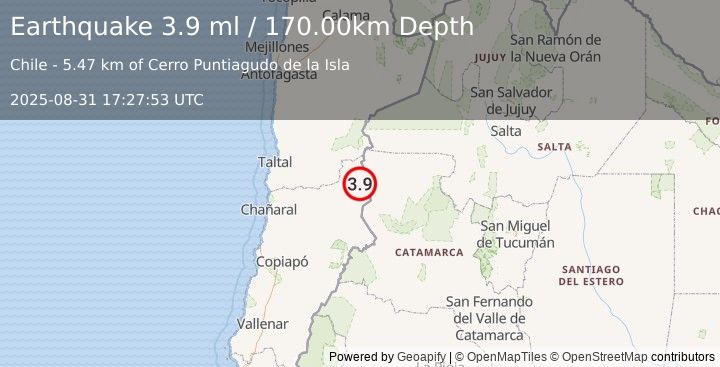 Earthquake ATACAMA, CHILE (3.9 ml) (2025-08-31 17:27:54 UTC)
