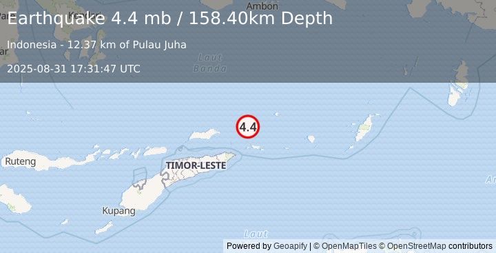 Earthquake KEPULAUAN BARAT DAYA, INDONESIA (4.4 mb) (2025-08-31 17:31:47 UTC)