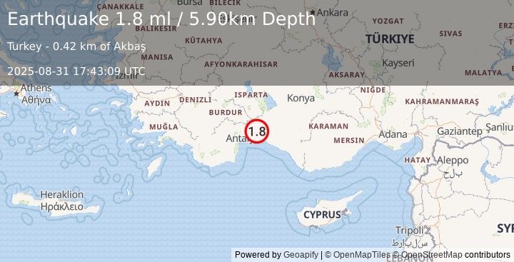 Earthquake WESTERN TURKEY (1.8 ml) (2025-08-31 17:43:09 UTC)