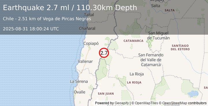 Earthquake ATACAMA, CHILE (2.7 ml) (2025-08-31 18:00:24 UTC)