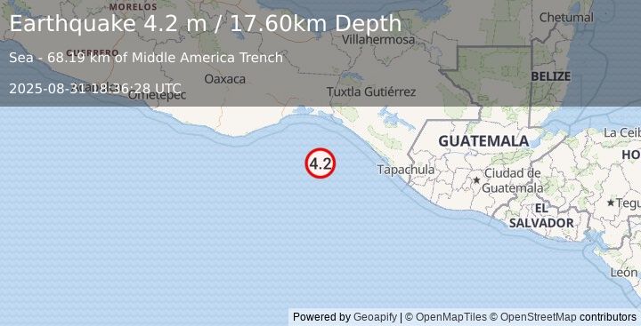 Earthquake OFF COAST OF CHIAPAS, MEXICO (4.2 m) (2025-08-31 18:36:28 UTC)