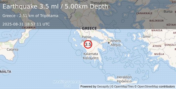 Earthquake SOUTHERN GREECE (3.5 ml) (2025-08-31 18:57:11 UTC)