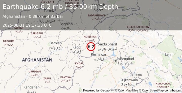 Earthquake HINDU KUSH REGION, AFGHANISTAN (6.1 mb) (2025-08-31 19:17:35 UTC)