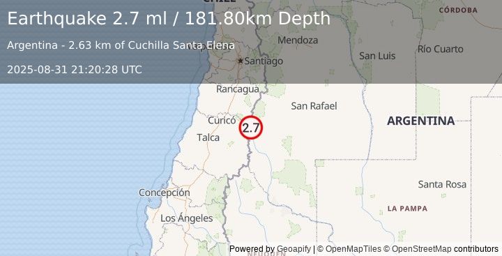 Earthquake MENDOZA, ARGENTINA (2.7 ml) (2025-08-31 21:20:28 UTC)