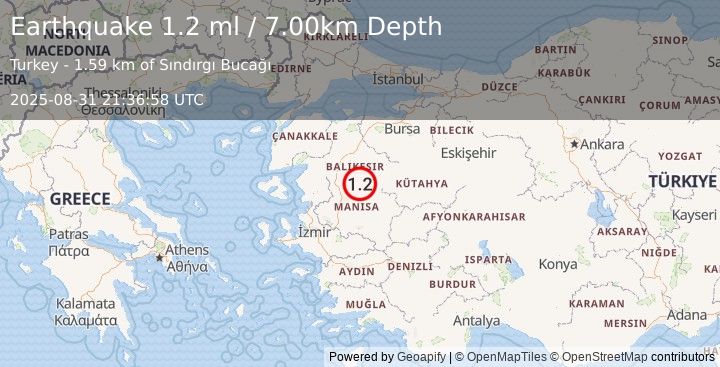 Earthquake WESTERN TURKEY (1.2 ml) (2025-08-31 21:36:58 UTC)