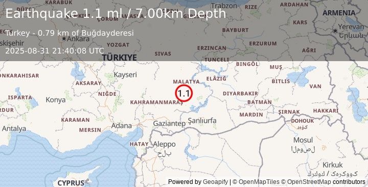Earthquake EASTERN TURKEY (1.1 ml) (2025-08-31 21:40:08 UTC)