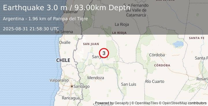 Earthquake SAN JUAN, ARGENTINA (3.0 m) (2025-08-31 21:58:30 UTC)