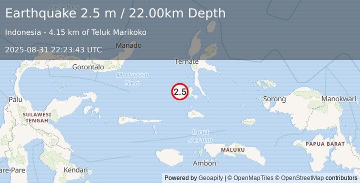 Earthquake HALMAHERA, INDONESIA (2.5 m) (2025-08-31 22:23:43 UTC)