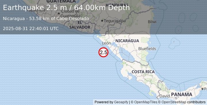 Earthquake NEAR COAST OF NICARAGUA (2.5 m) (2025-08-31 22:40:01 UTC)