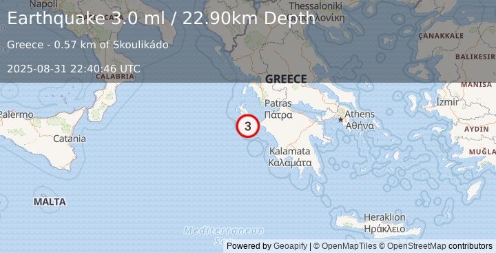 Earthquake IONIAN SEA (3.0 ml) (2025-08-31 22:40:44 UTC)
