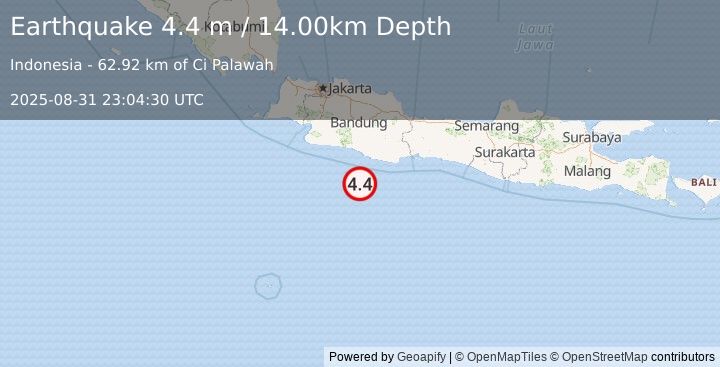 Earthquake JAVA, INDONESIA (4.4 m) (2025-08-31 23:04:30 UTC)