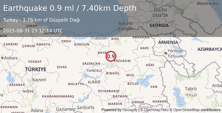 Earthquake EASTERN TURKEY (0.9 ml) (2025-08-31 23:12:14 UTC)