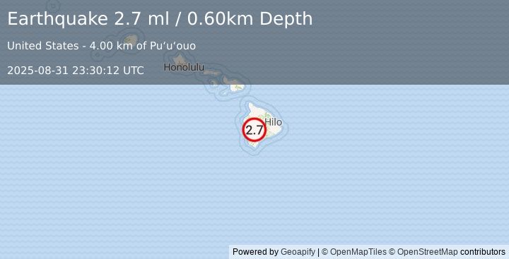 Earthquake ISLAND OF HAWAII, HAWAII (2.7 ml) (2025-08-31 23:30:12 UTC)