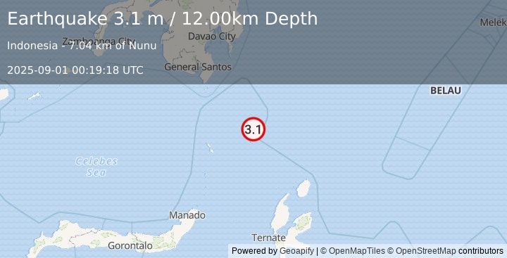 Earthquake KEPULAUAN TALAUD, INDONESIA (3.1 m) (2025-09-01 00:19:18 UTC)