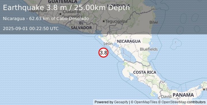 Earthquake NEAR COAST OF NICARAGUA (3.8 m) (2025-09-01 00:22:50 UTC)
