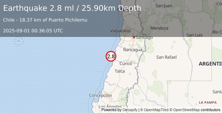 Earthquake OFFSHORE O'HIGGINS, CHILE (2.8 ml) (2025-09-01 00:36:05 UTC)