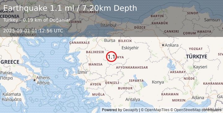 Earthquake WESTERN TURKEY (1.1 ml) (2025-09-01 01:12:56 UTC)