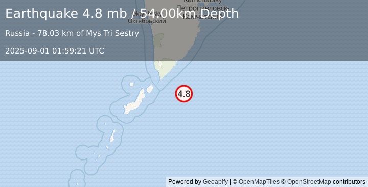 Earthquake KURIL ISLANDS (4.8 mb) (2025-09-01 01:59:21 UTC)
