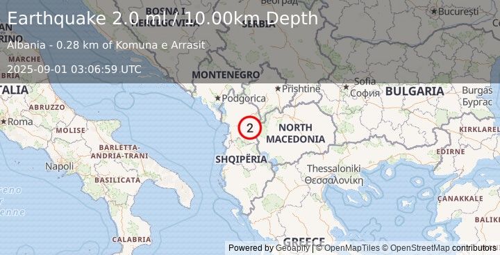 Earthquake ALBANIA (2.0 ml) (2025-09-01 03:06:59 UTC)