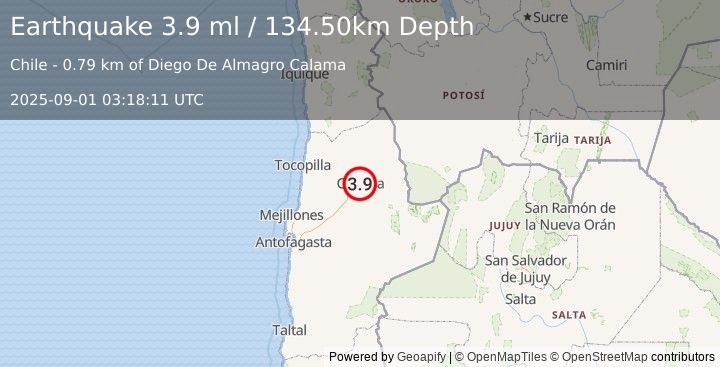 Earthquake ANTOFAGASTA, CHILE (4.1 ml) (2025-09-01 03:18:12 UTC)
