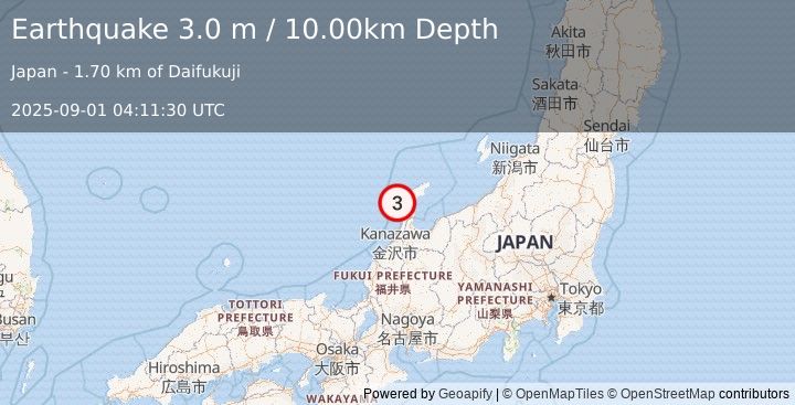 Earthquake NEAR WEST COAST OF HONSHU, JAPAN (3.0 m) (2025-09-01 04:11:30 UTC)