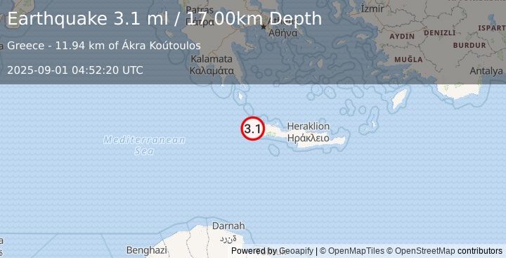 Earthquake CRETE, GREECE (3.1 ml) (2025-09-01 04:52:20 UTC)