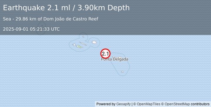Earthquake AZORES ISLANDS, PORTUGAL (2.1 ml) (2025-09-01 05:21:33 UTC)