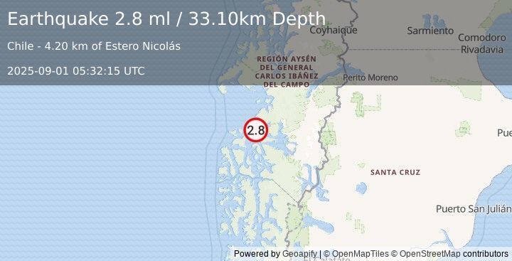 Earthquake NEAR COAST OF AISEN, CHILE (2.8 ml) (2025-09-01 05:32:15 UTC)