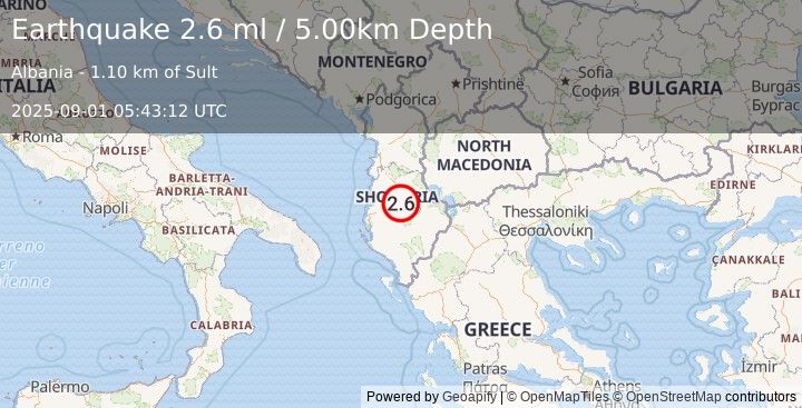 Earthquake ALBANIA (2.5 ml) (2025-09-01 05:43:14 UTC)