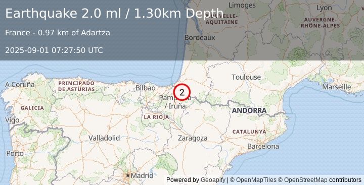 Earthquake PYRENEES (2.0 ml) (2025-09-01 07:27:50 UTC)