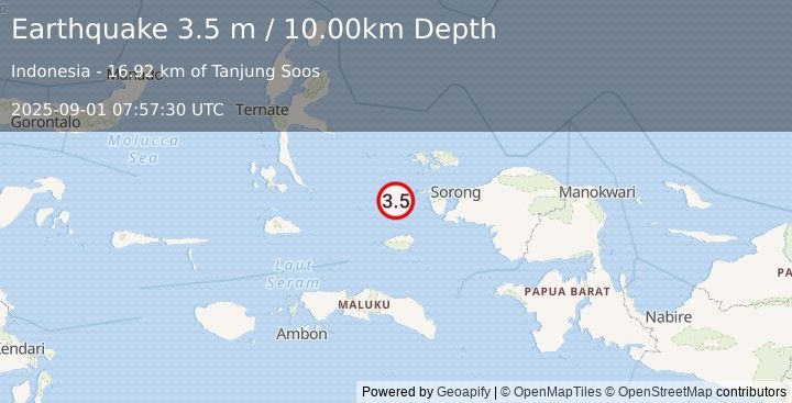 Earthquake PAPUA REGION, INDONESIA (3.5 m) (2025-09-01 07:57:30 UTC)