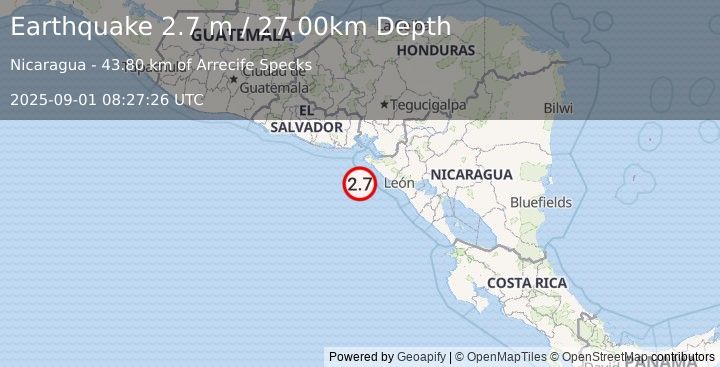 Earthquake NEAR COAST OF NICARAGUA (2.8 m) (2025-09-01 08:27:25 UTC)