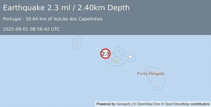 Earthquake AZORES ISLANDS, PORTUGAL (2.3 ml) (2025-09-01 08:56:42 UTC)