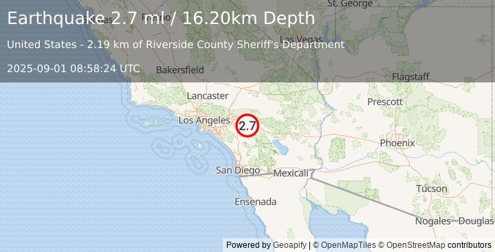Earthquake SOUTHERN CALIFORNIA (2.7 ml) (2025-09-01 08:58:24 UTC)