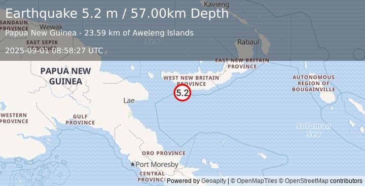 Earthquake NEW BRITAIN REGION, P.N.G. (5.0 mb) (2025-09-01 08:58:25 UTC)